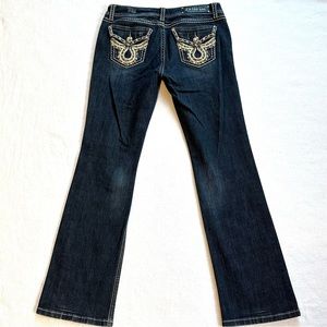 LA IDOL Y2K BOOTCUT BLING FLAP POCKET DISTRESSED RODEO FESTIVAL JEANS Sz11 33/34
